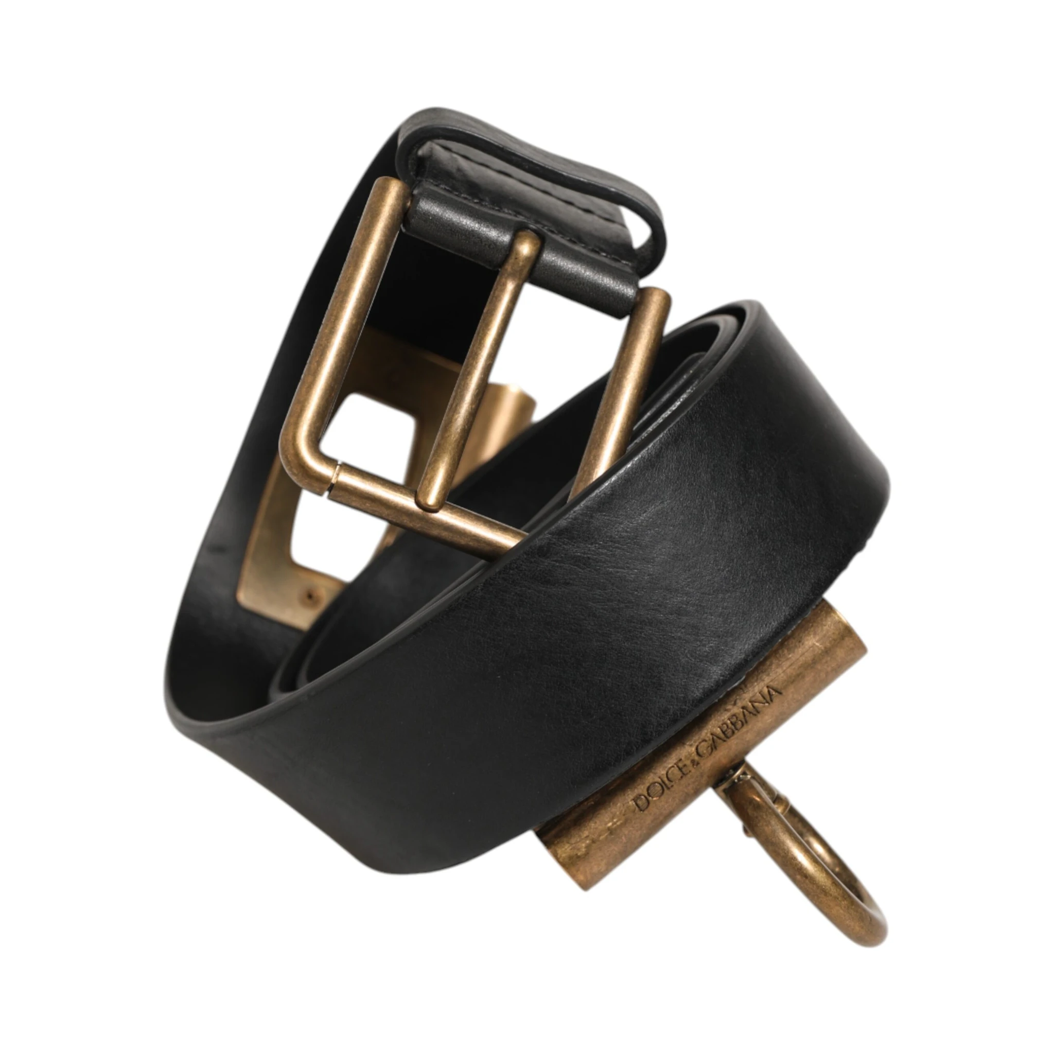 Black Leather Side Rings Brass Buckle Belt