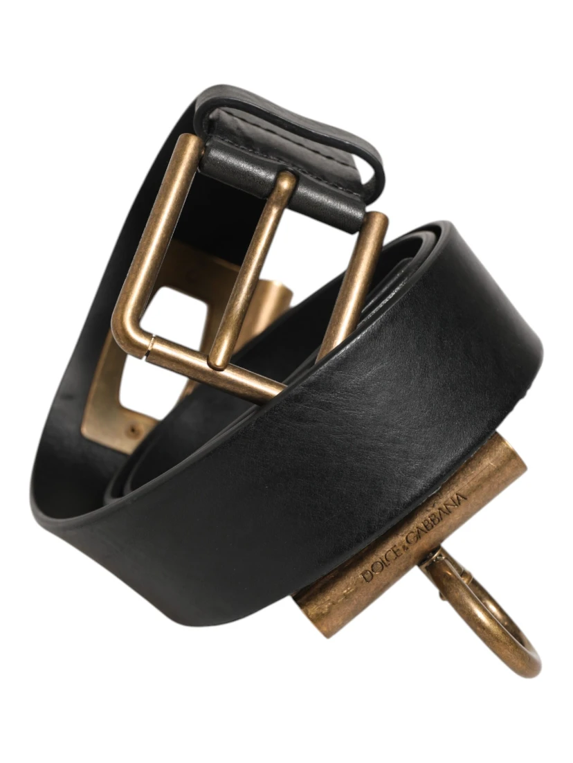 Black Leather Side Rings Brass Buckle Belt