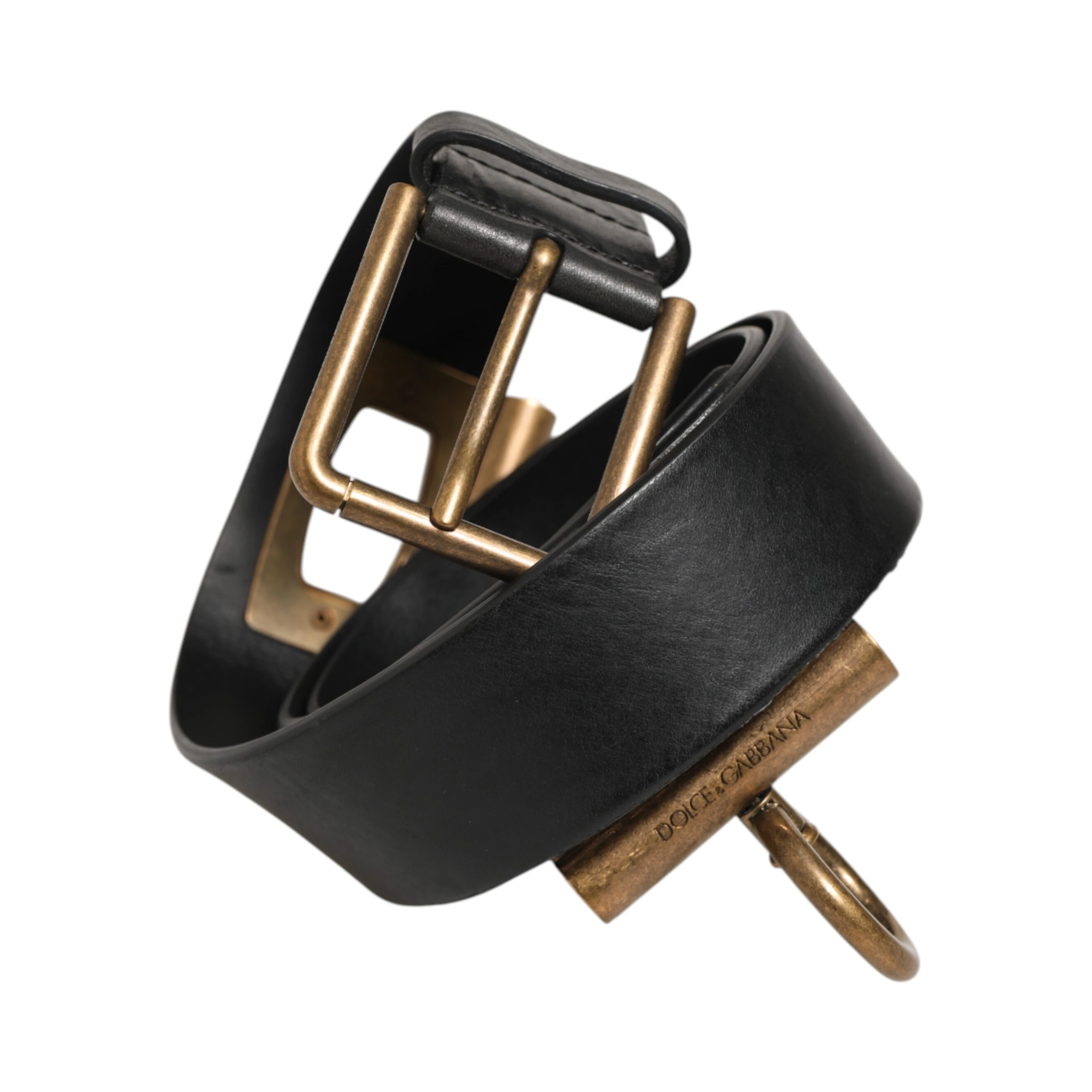 Black Leather Side Rings Brass Buckle Belt