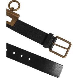 Black Leather Side Rings Brass Buckle Belt