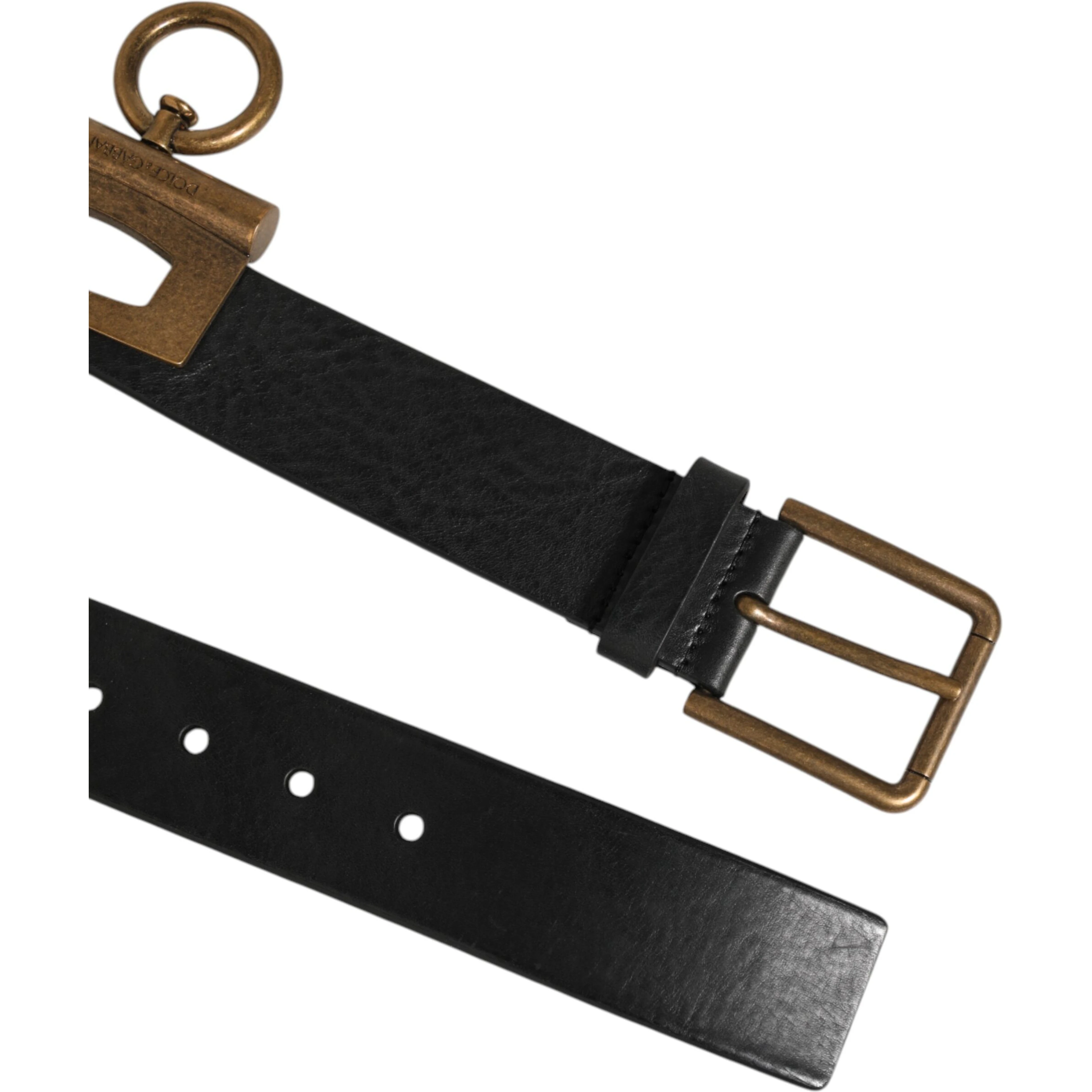 Black Leather Side Rings Brass Buckle Belt