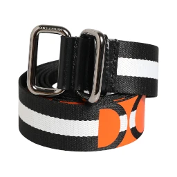 Black White Striped Logo Metal Buckle Belt