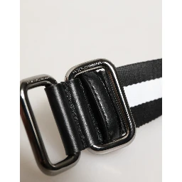 Black White Striped Logo Metal Buckle Belt