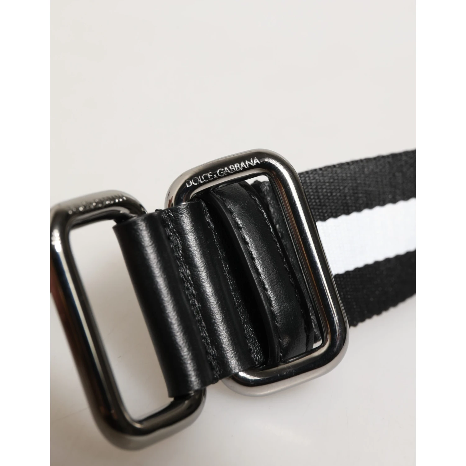 Black White Striped Logo Metal Buckle Belt