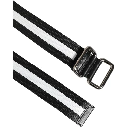 Black White Striped Logo Metal Buckle Belt