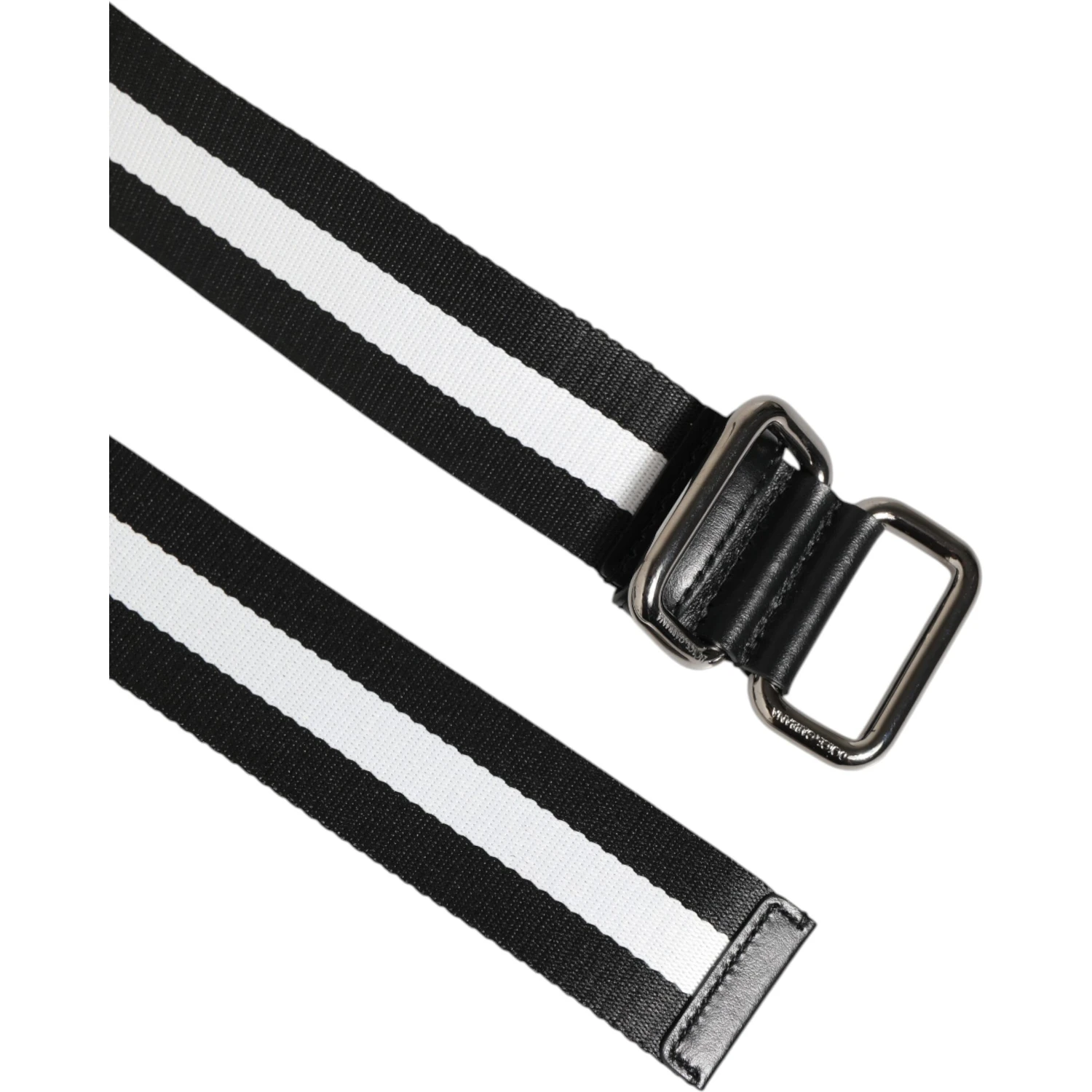 Black White Striped Logo Metal Buckle Belt
