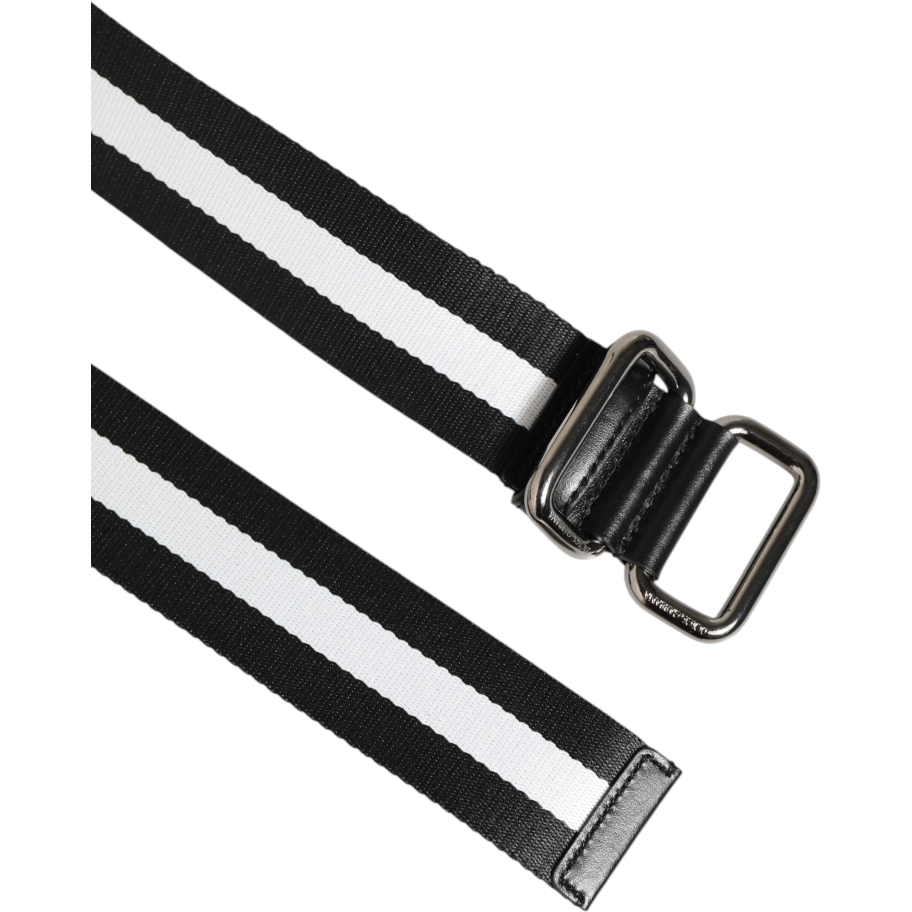 Black White Striped Logo Metal Buckle Belt