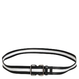 Black White Striped Logo Metal Buckle Belt