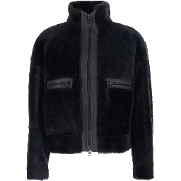 Black High Collar Jacket with Leather Details in Fur Woman