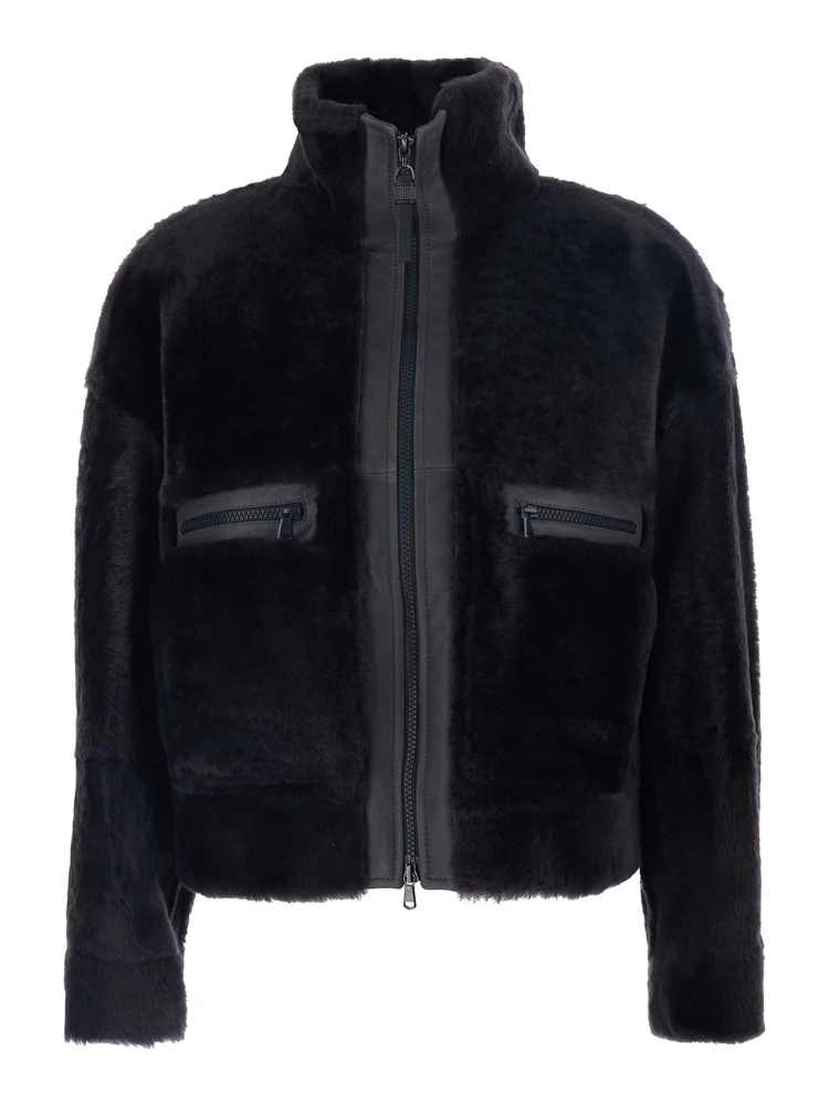 Black High Collar Jacket with Leather Details in Fur Woman