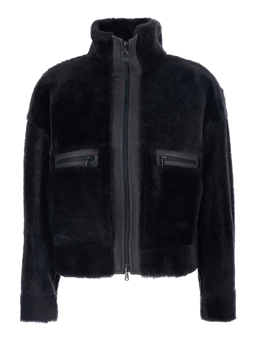 Black High Collar Jacket with Leather Details in Fur Woman