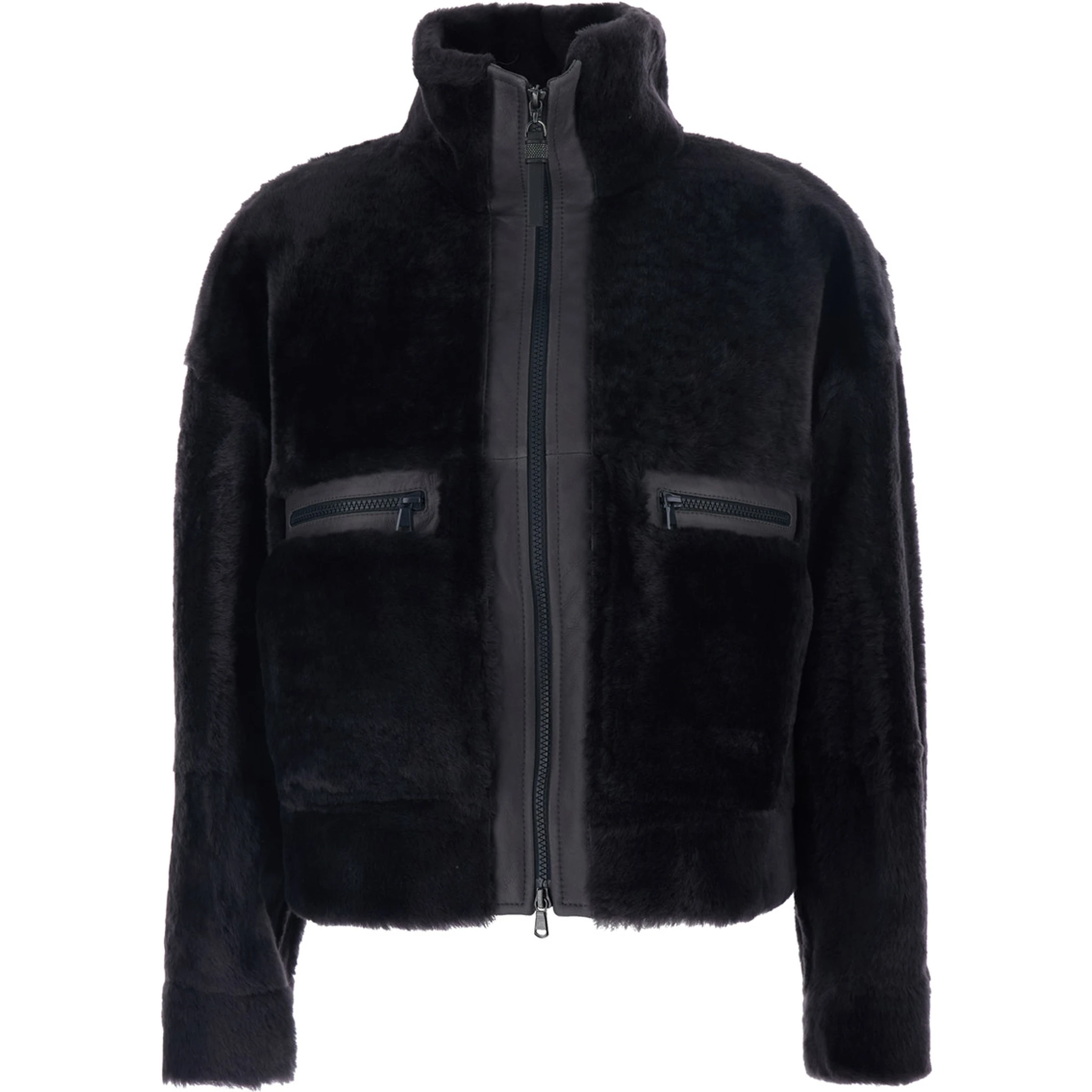 Black High Collar Jacket with Leather Details in Fur Woman