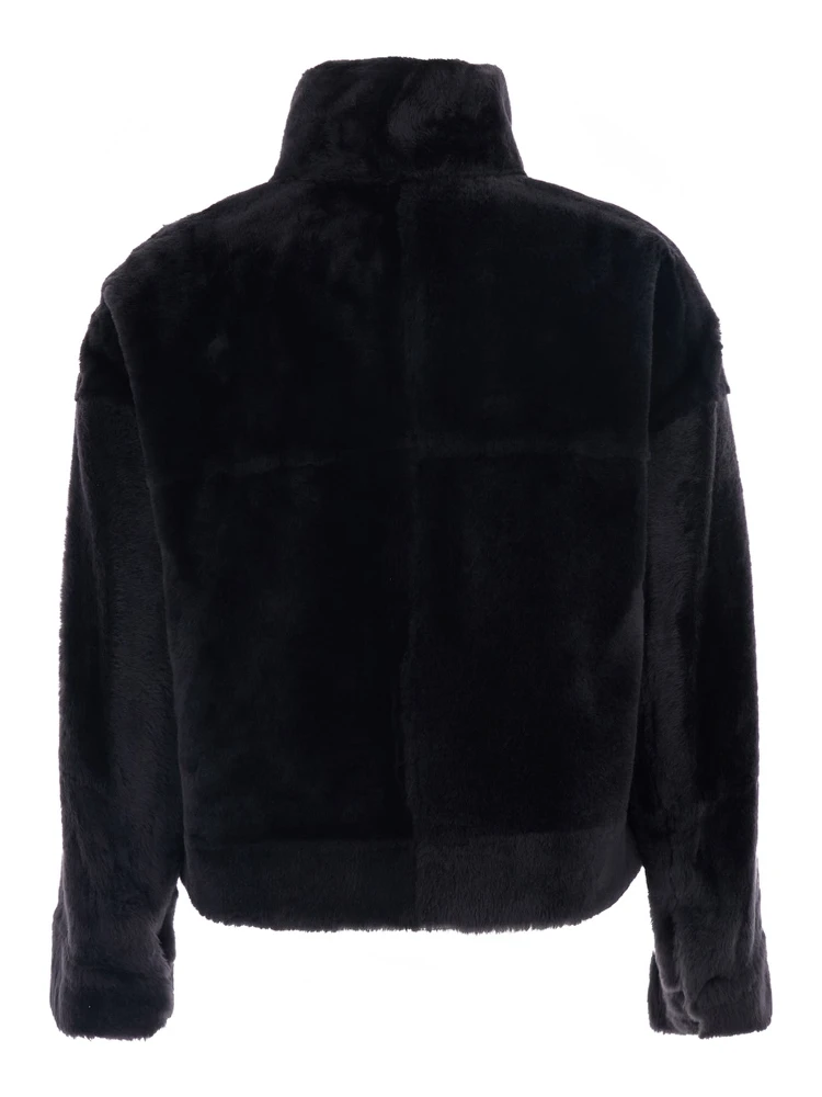 Black High Collar Jacket with Leather Details in Fur Woman alternative