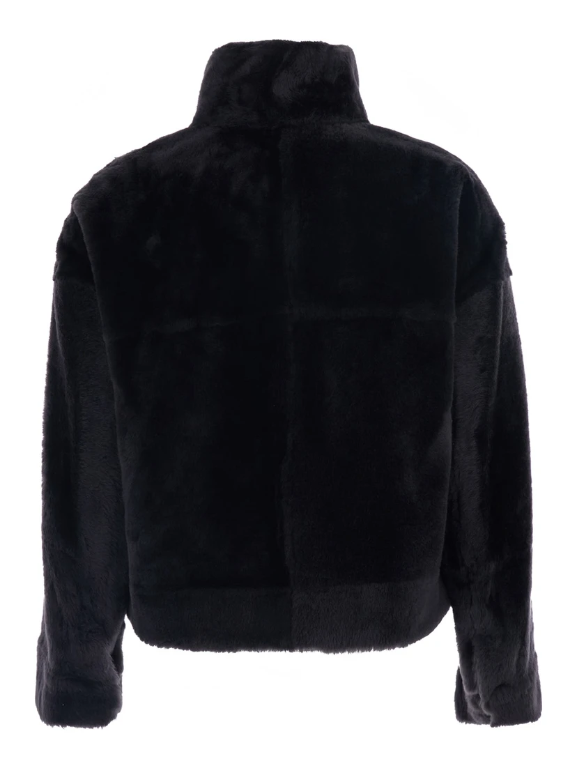 Black High Collar Jacket with Leather Details in Fur Woman
