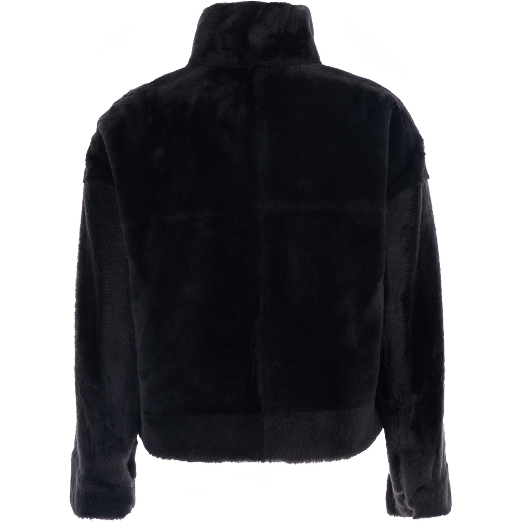 Black High Collar Jacket with Leather Details in Fur Woman