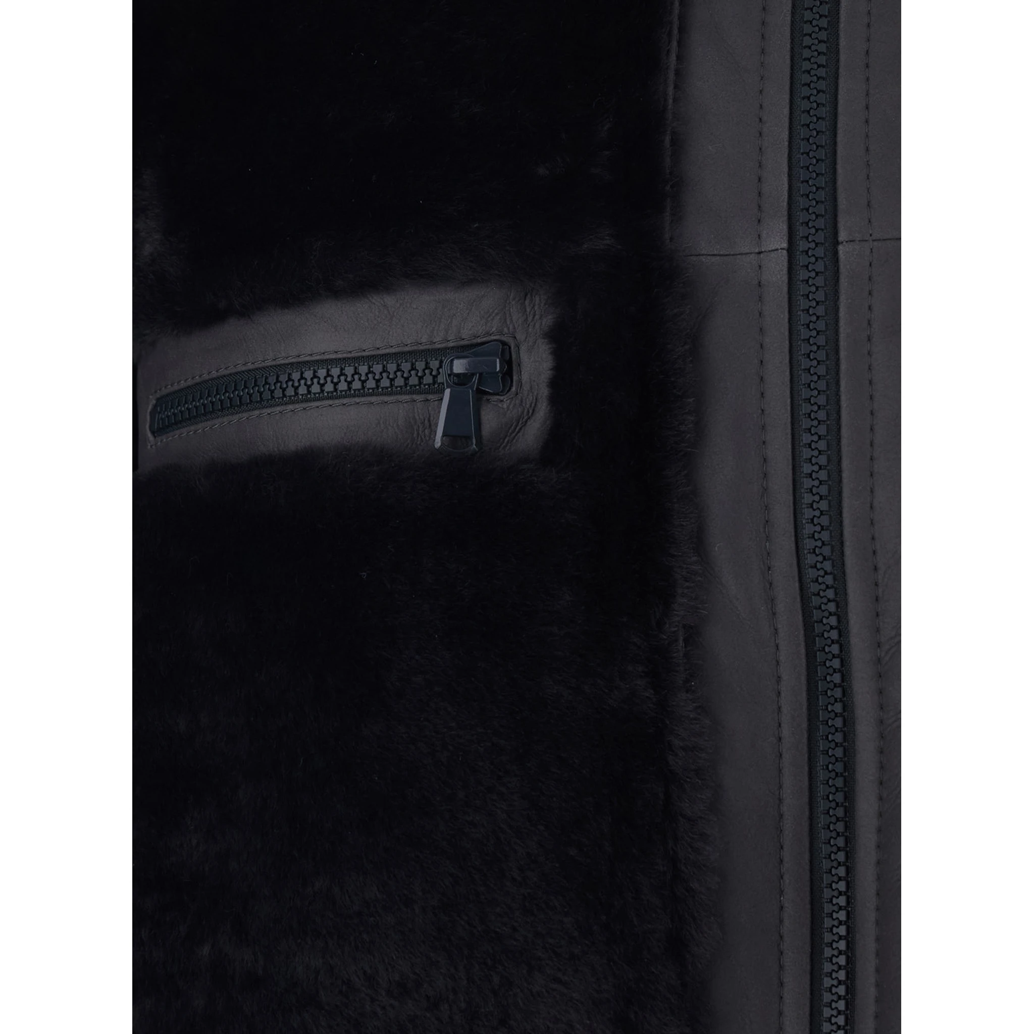 Black High Collar Jacket with Leather Details in Fur Woman