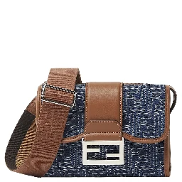 Baguette Double Blue Crossbody Bag With Magnetic FF Closure And All-Over Motif In Blue Cotton Man