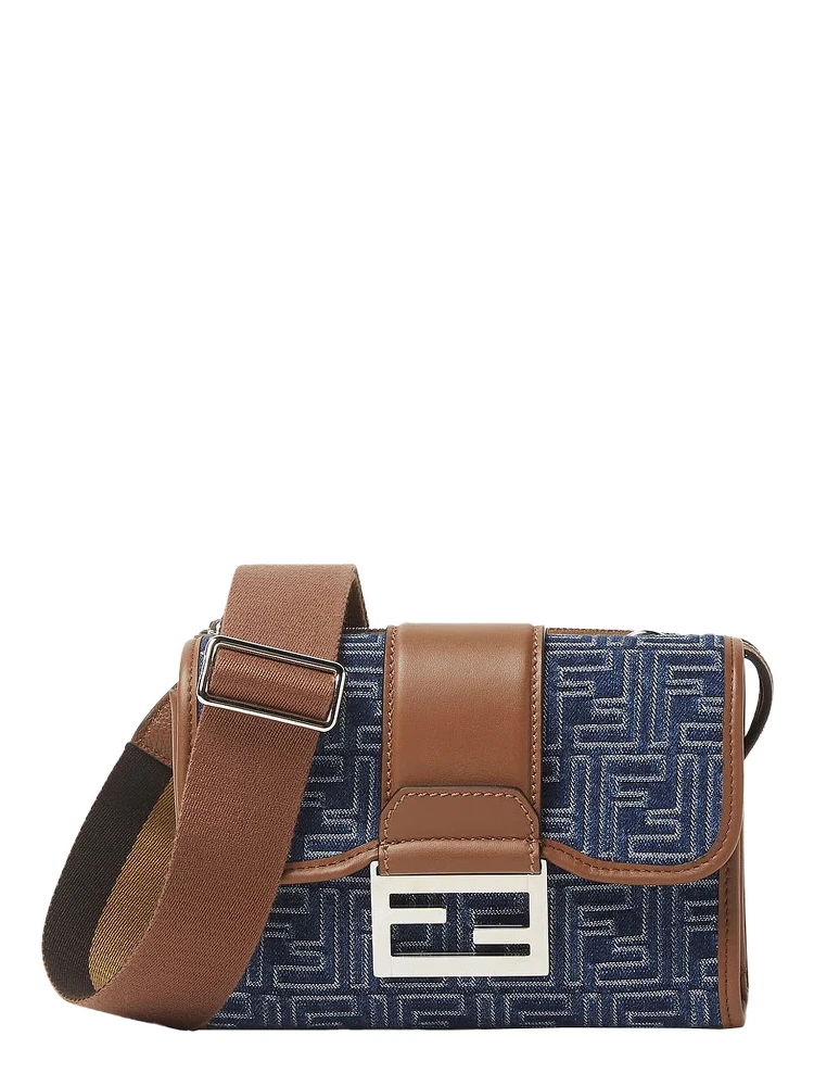 Baguette Double Blue Crossbody Bag With Magnetic FF Closure And All-Over Motif In Blue Cotton Man