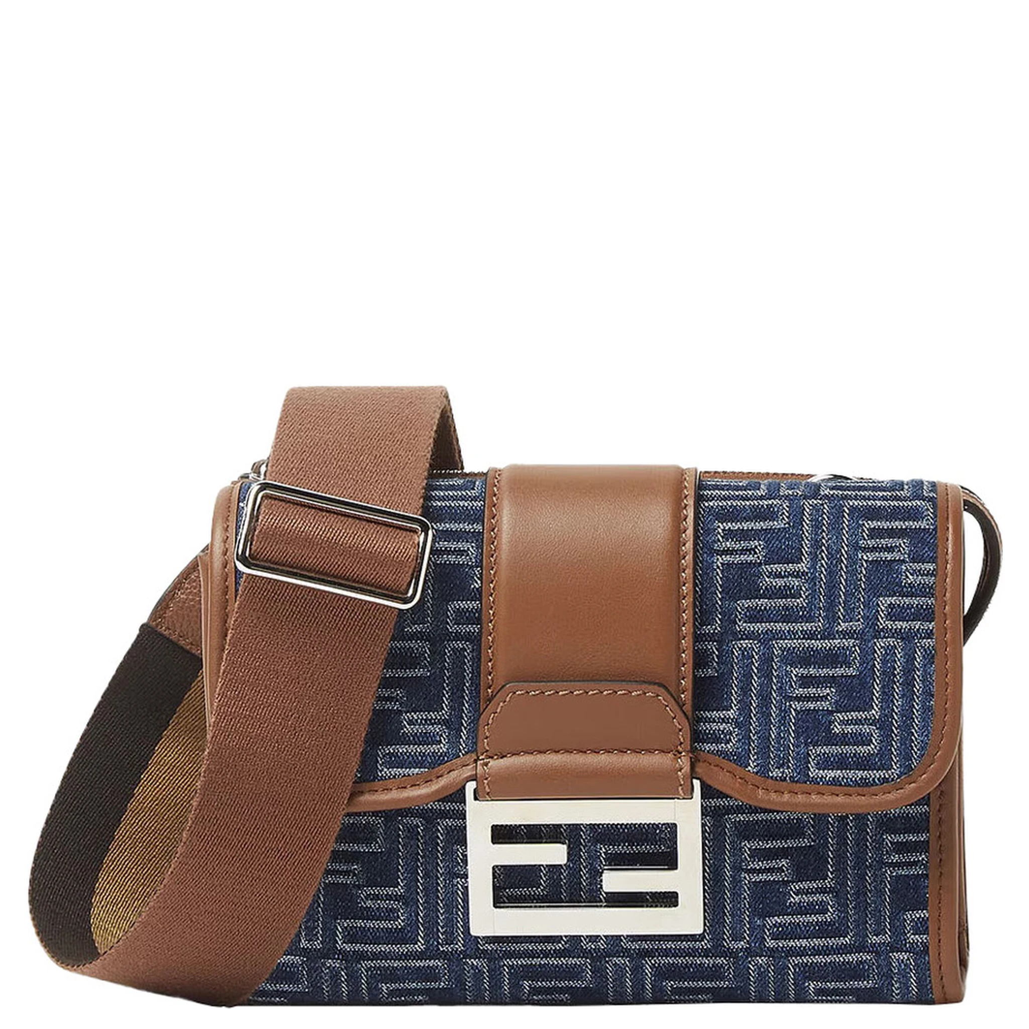 Baguette Double Blue Crossbody Bag With Magnetic FF Closure And All-Over Motif In Blue Cotton Man
