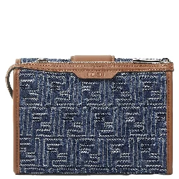 Baguette Double Blue Crossbody Bag With Magnetic FF Closure And All-Over Motif In Blue Cotton Man