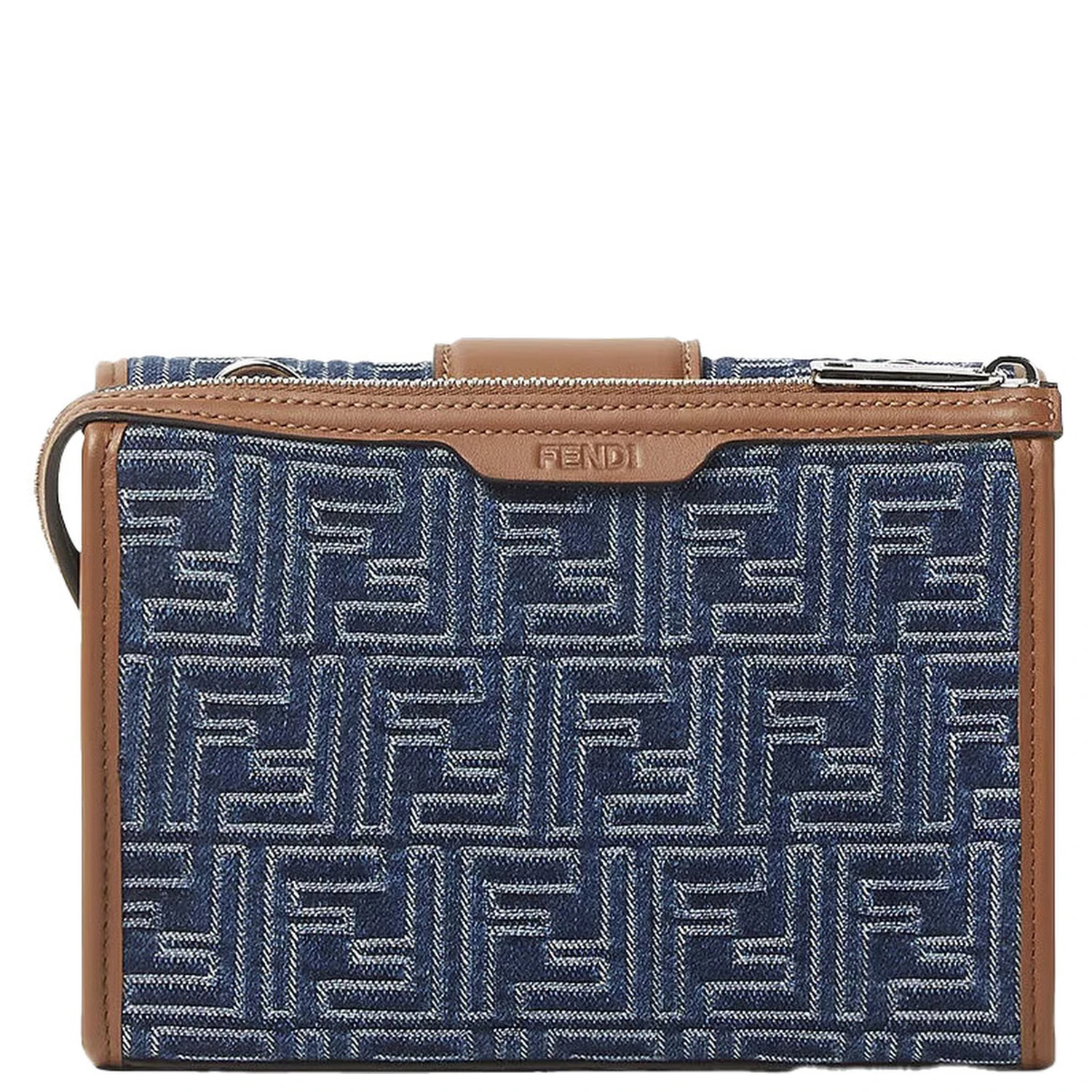 Baguette Double Blue Crossbody Bag With Magnetic FF Closure And All-Over Motif In Blue Cotton Man