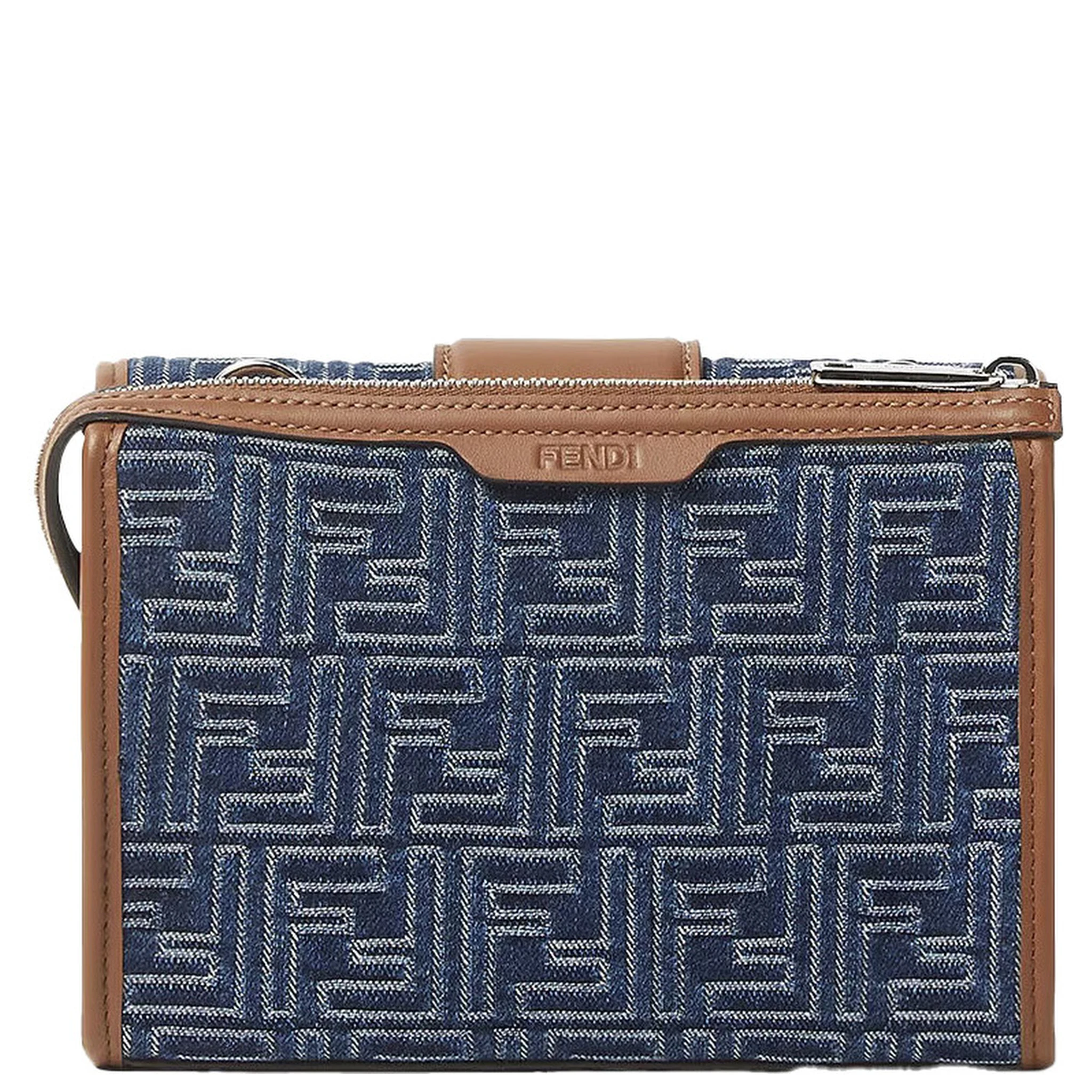 Baguette Double Blue Crossbody Bag With Magnetic FF Closure And All-Over Motif In Blue Cotton Man