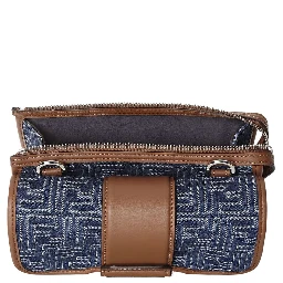 Baguette Double Blue Crossbody Bag With Magnetic FF Closure And All-Over Motif In Blue Cotton Man