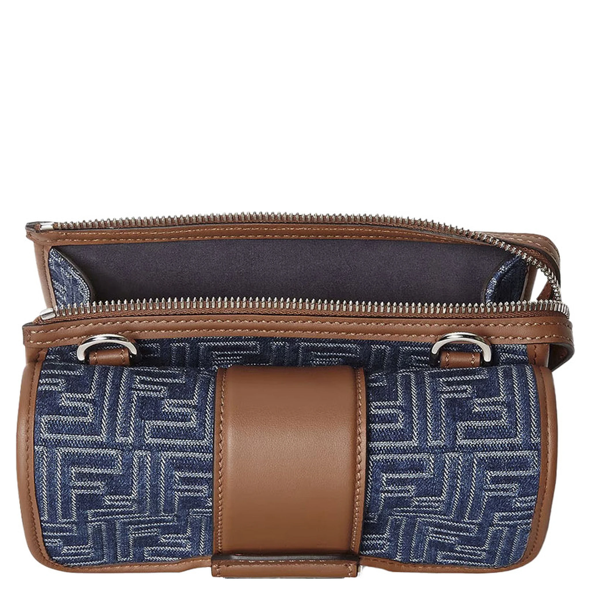 Baguette Double Blue Crossbody Bag With Magnetic FF Closure And All-Over Motif In Blue Cotton Man
