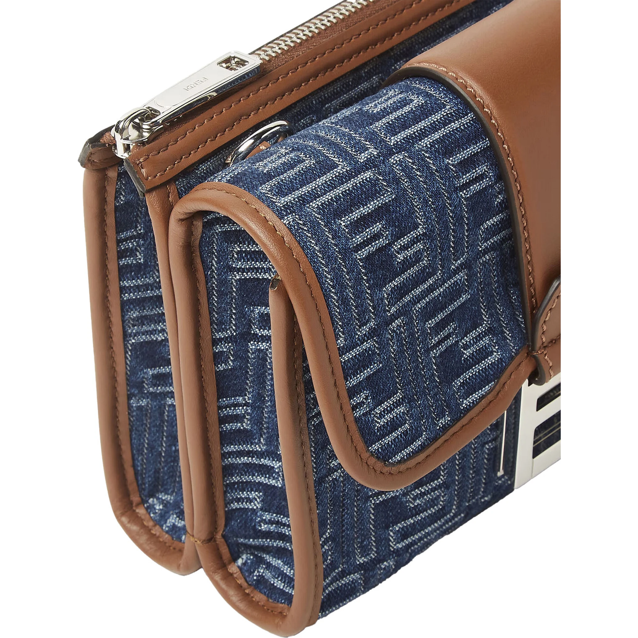 Baguette Double Blue Crossbody Bag With Magnetic FF Closure And All-Over Motif In Blue Cotton Man