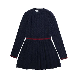 Blue Dress with Round Neck and Web Detail in Wool Girl