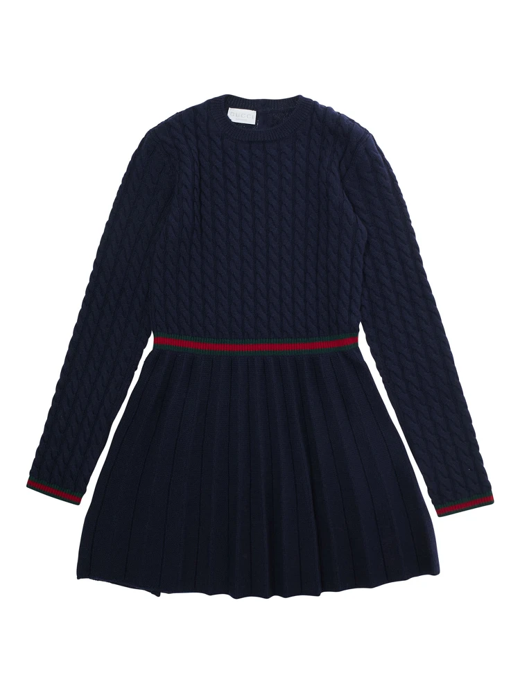 Blue Dress with Round Neck and Web Detail in Wool Girl