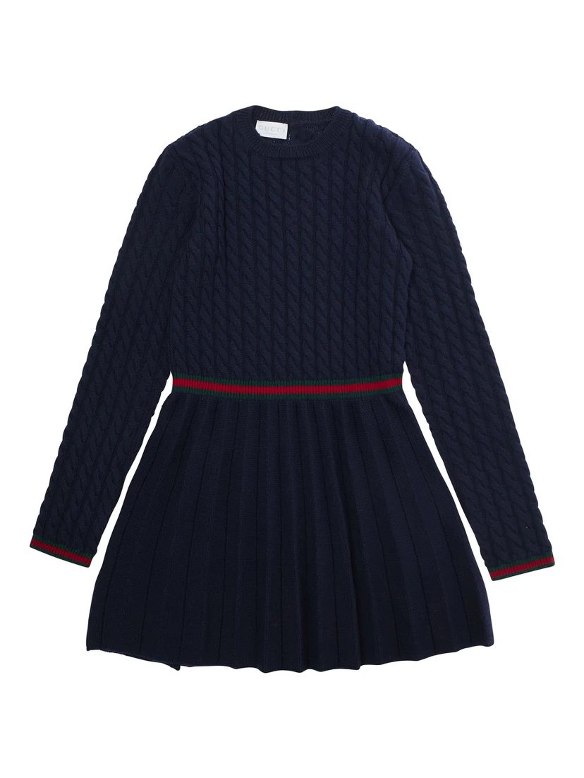 Blue Dress with Round Neck and Web Detail in Wool Girl