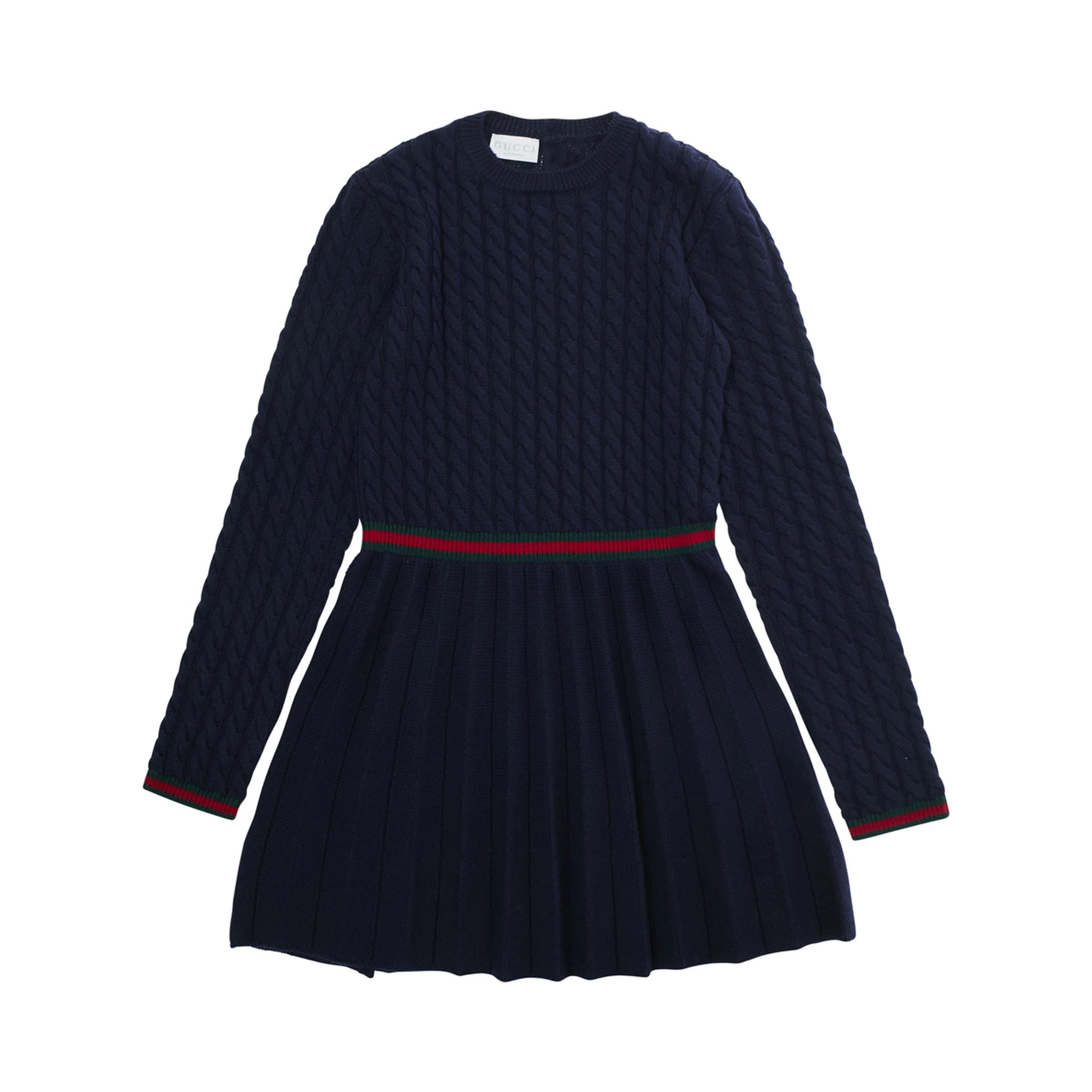 Blue Dress with Round Neck and Web Detail in Wool Girl