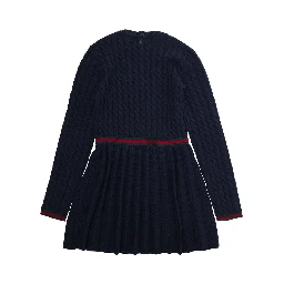 Blue Dress with Round Neck and Web Detail in Wool Girl