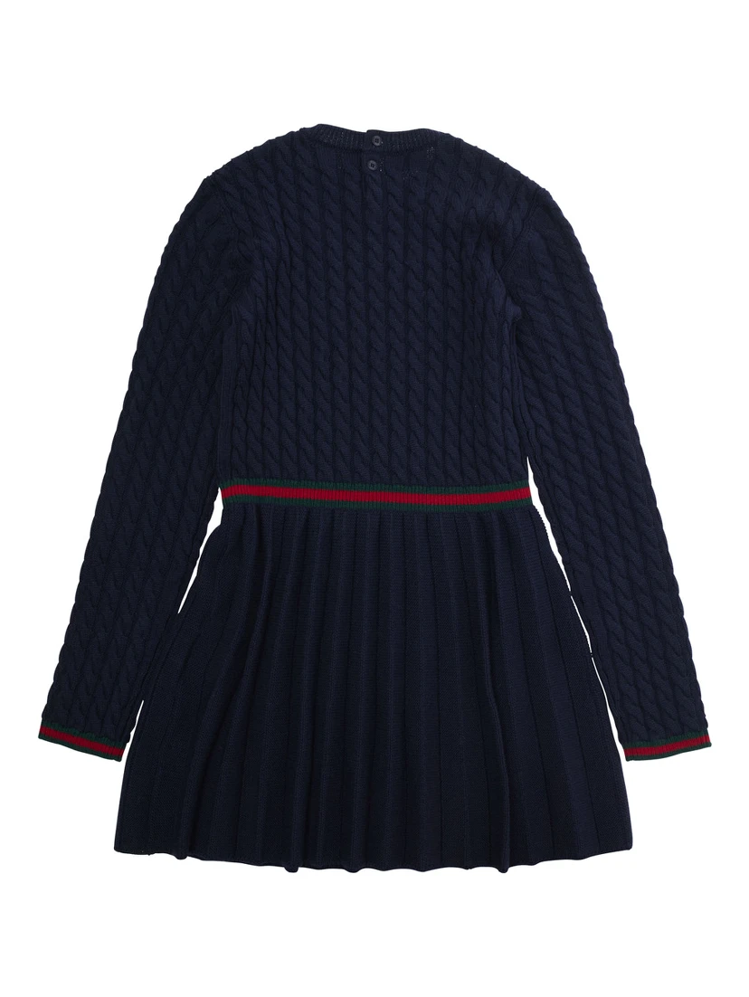 Blue Dress with Round Neck and Web Detail in Wool Girl