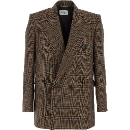 Brown Double-Breasted Jacket with Peak Revers and Stripe Motif in Wool Man