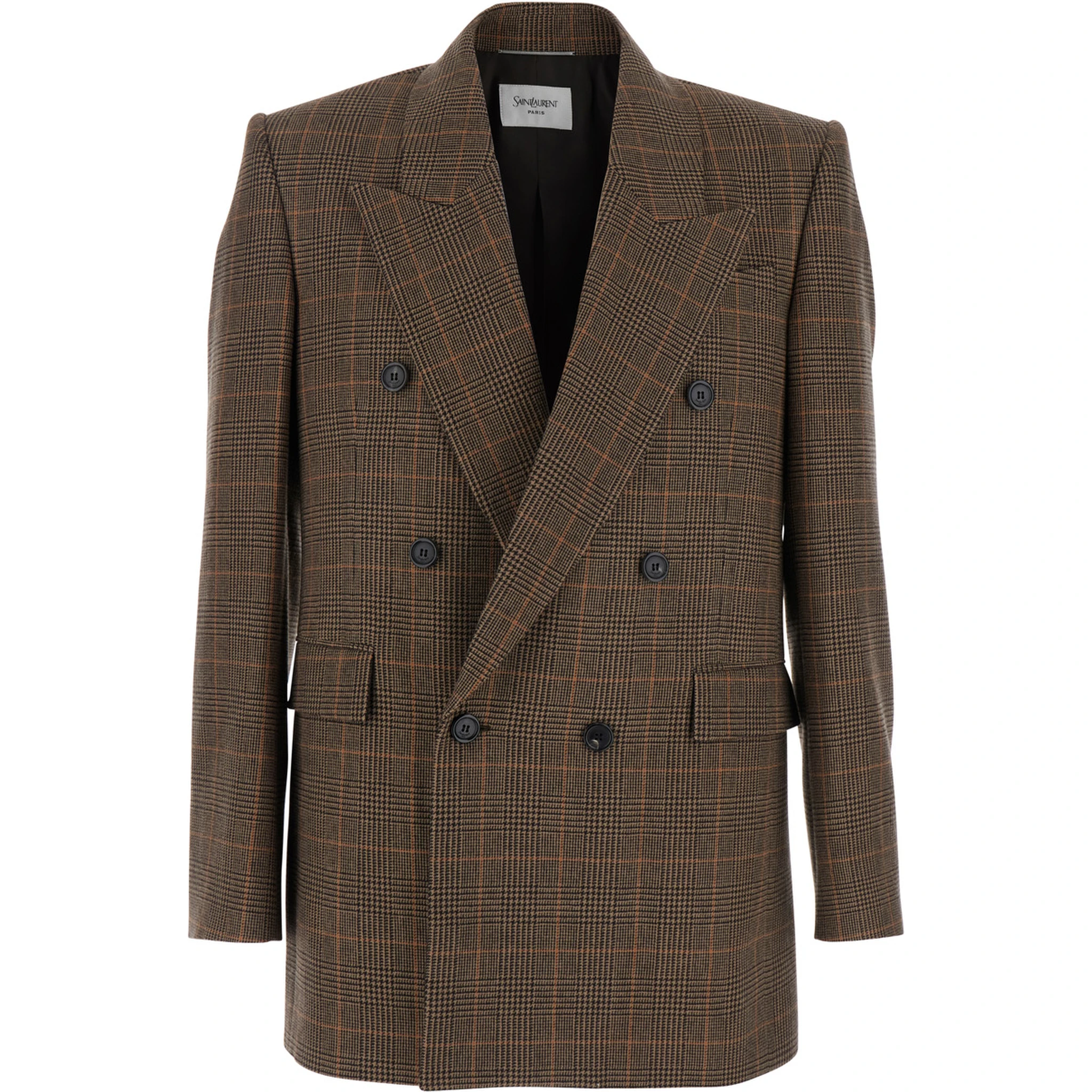 Brown Double-Breasted Jacket with Peak Revers and Stripe Motif in Wool Man