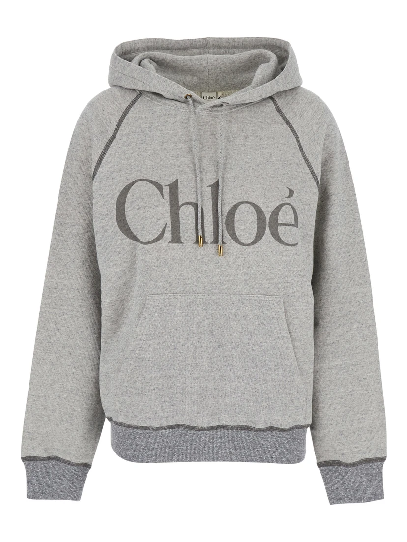 Grey Sweatshirt with Front Logo Lettering in Cotton Blend Woman