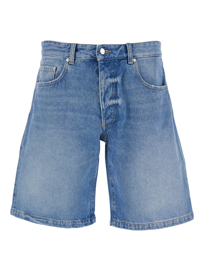 Light Blue Bermuda Pants with Wide Leg and Logo Patch on the Rear in Denim Man