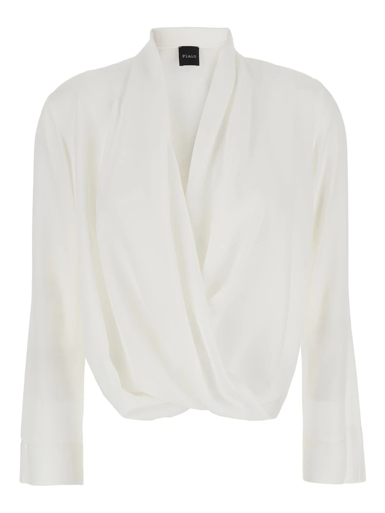 White Blouse with Front Neckline and Ruffles in Fabric Woman