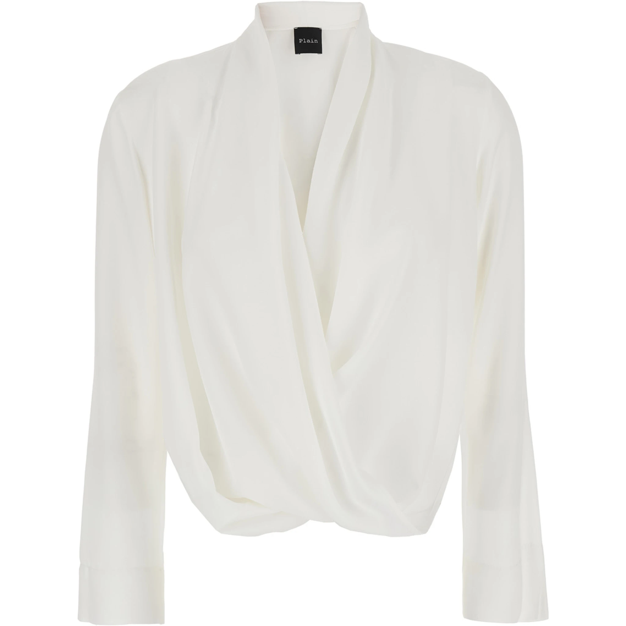 White Blouse with Front Neckline and Ruffles in Fabric Woman