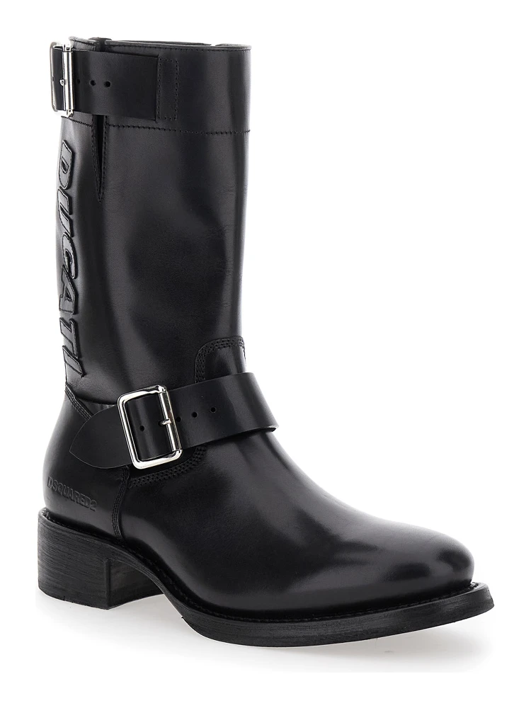 Ducati x D2 Black Ankle Boots with Side Zip Closure and Maxi Logo Lettering on the Side in Leather Man