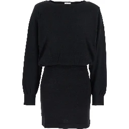 Black Dress with Boat Neck in Wool and Cashmere Blend Woman