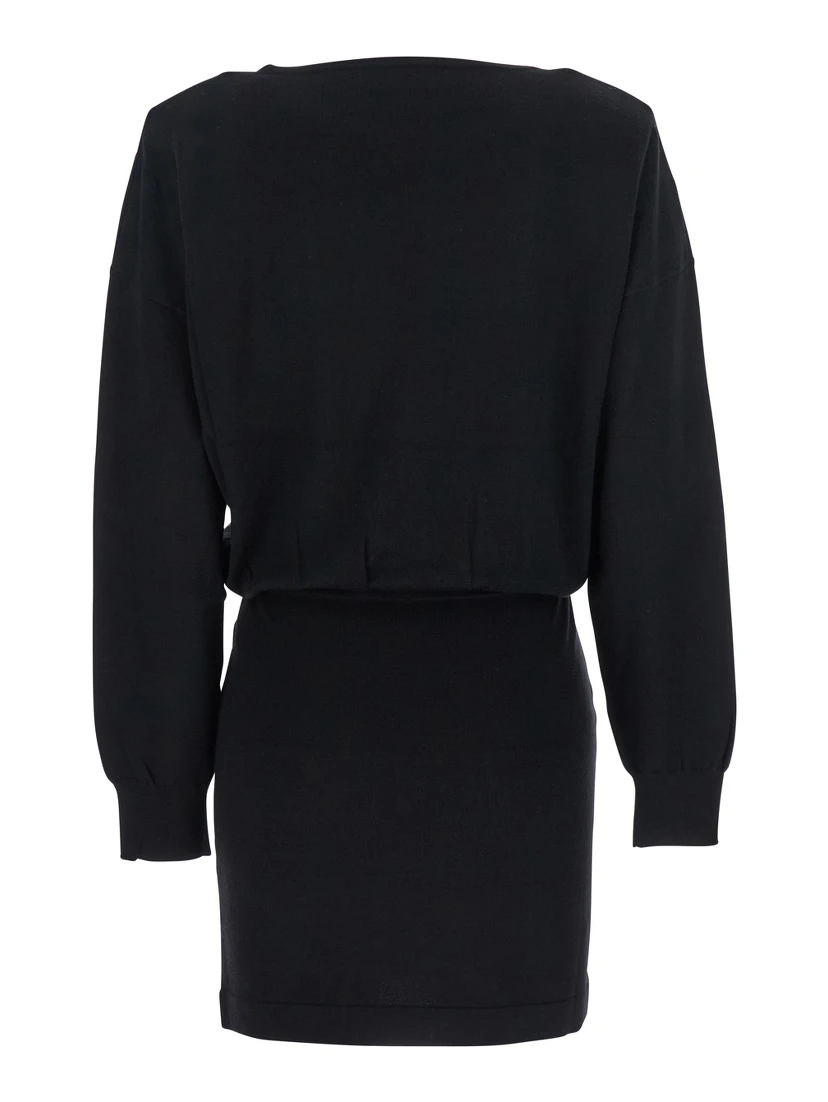 Black Dress with Boat Neck in Wool and Cashmere Blend Woman