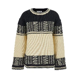 Black and White Crew Neck Sweaterwith All-Over Intarsia in Wool Woman