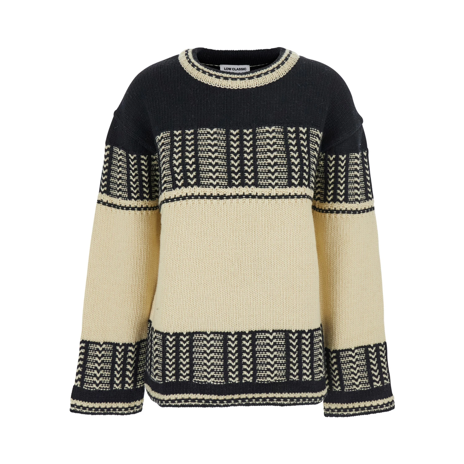 Black and White Crew Neck Sweaterwith All-Over Intarsia in Wool Woman