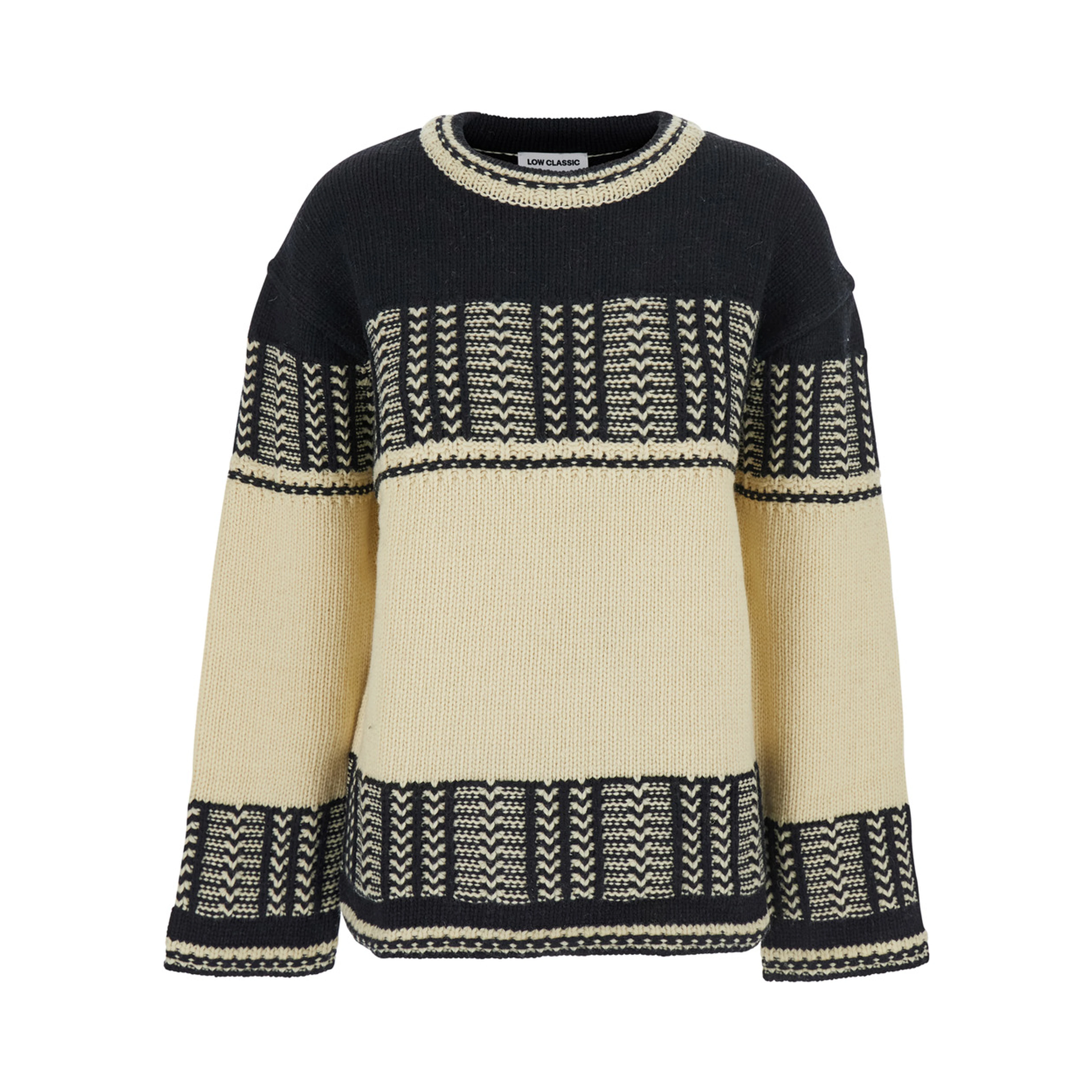 Black and White Crew Neck Sweaterwith All-Over Intarsia in Wool Woman
