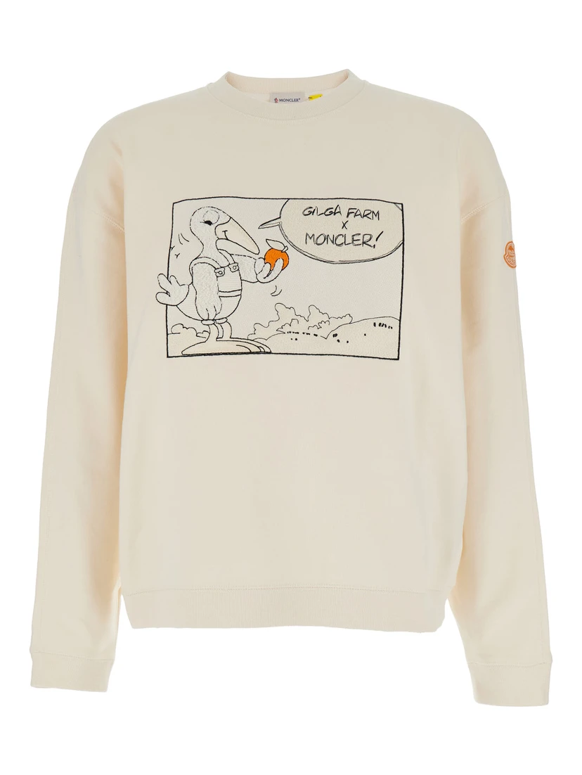 White Crewneck Sweatshirt with Logo Print on the Front and Logo Patch on the Sleeve in Cotton Man