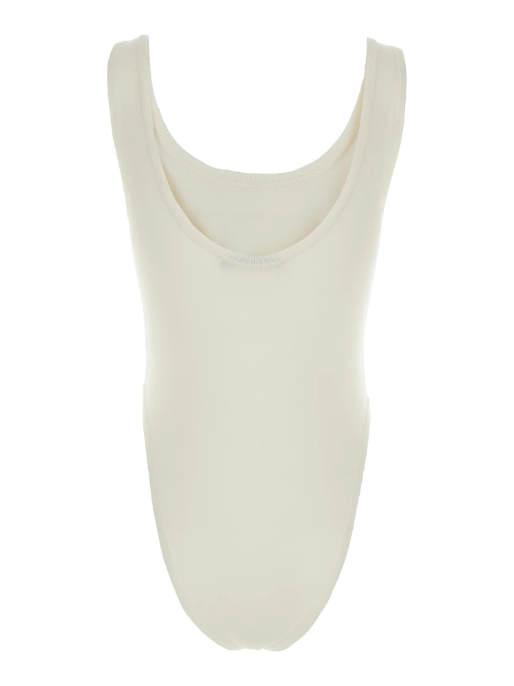 White Bodysuit with Round Neck in Silk Blend Stretch Woman