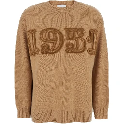 Beige Crew Neck Sweater with Front Embroidery in Wool and Cashmere Blend Woman